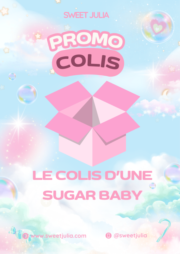 Boîte rose avec les mots "promo cols" et "le cols dune sugar baby" en lettres claires et attrayantes.