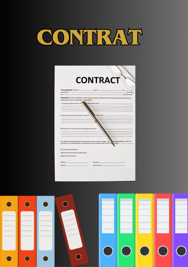 Document de contrat avec un stylo et des dossiers sur fond noir.