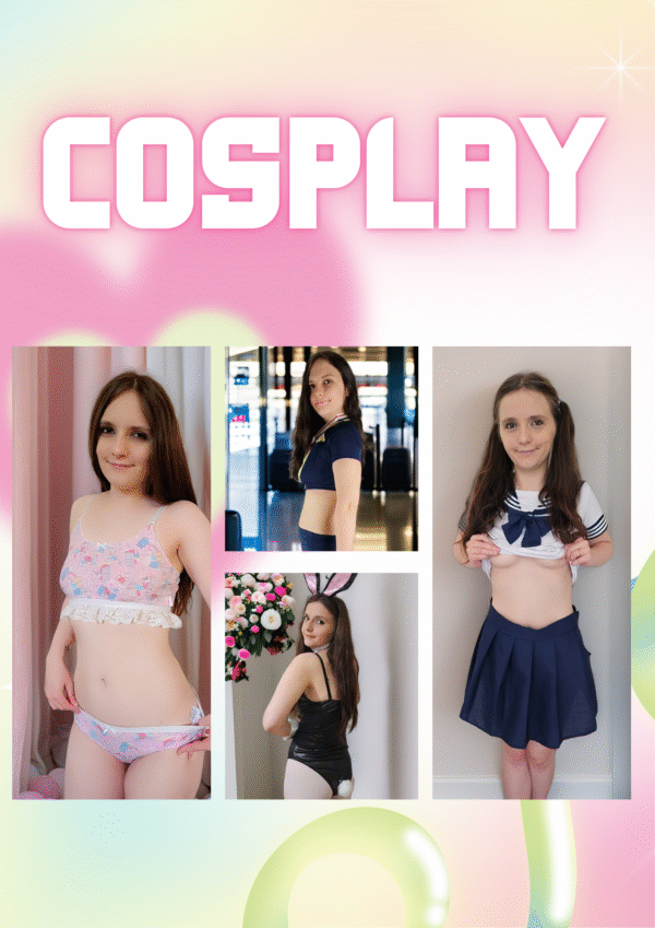 Collage de filles en cosplay, chacune portant des costumes colorés inspirés de personnages de la culture pop.