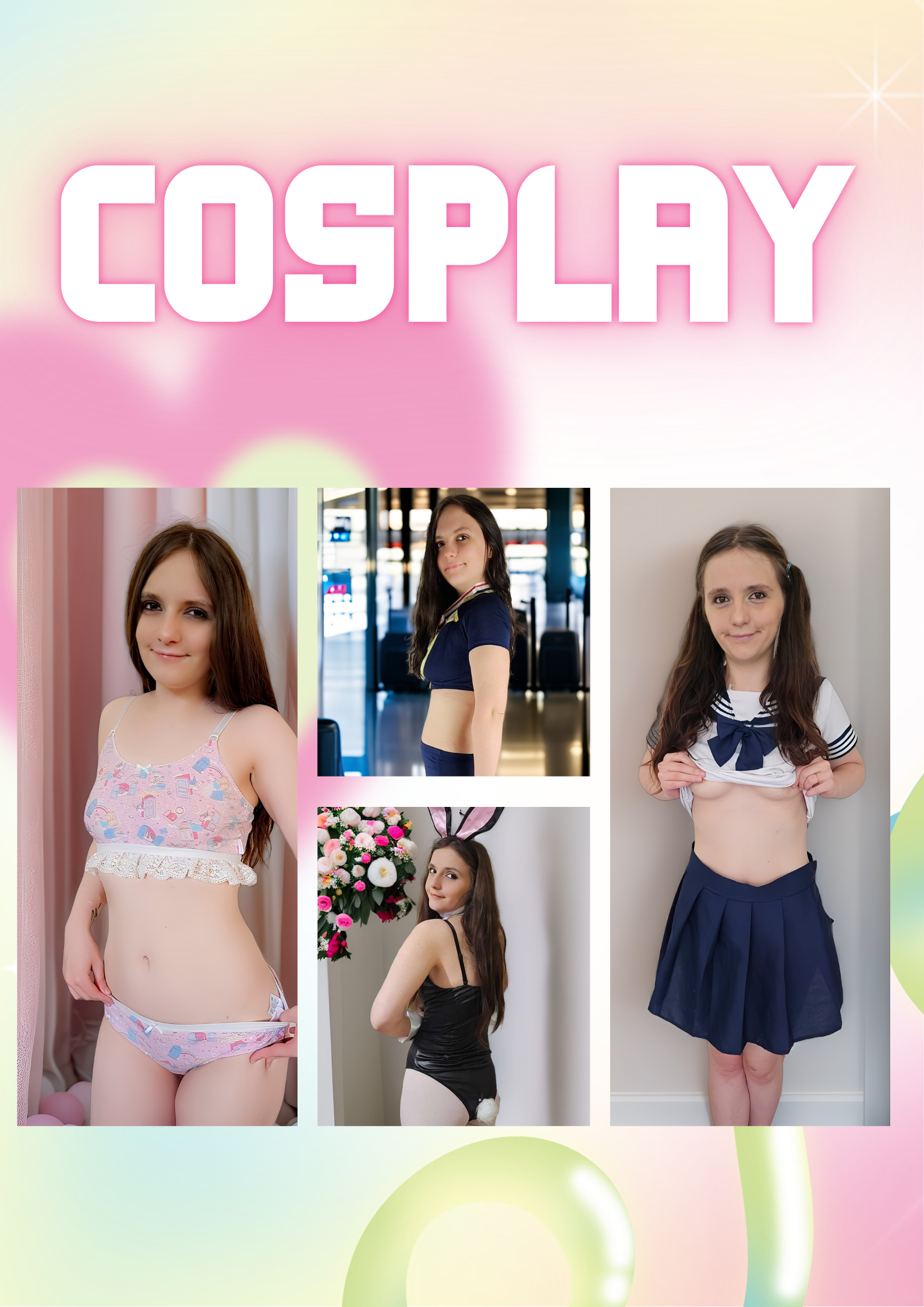 Collage de filles en cosplay, chacune portant des costumes colorés inspirés de personnages de la culture pop.
