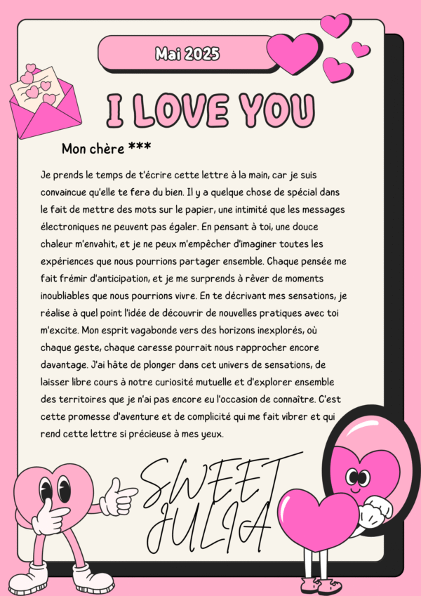 Lettre d'une fille à son petit ami, avec un cœur sur fond rose.