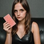 Une femme en robe en cuir tient une carte à jouer, affichant une expression confiante