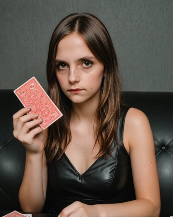 Une femme en robe en cuir tient une carte à jouer, affichant une expression confiante