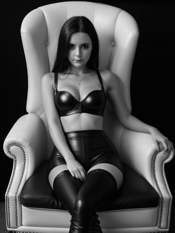 Une femme en cuir assise sur une chaise regarde du sexe anal sur pornhub