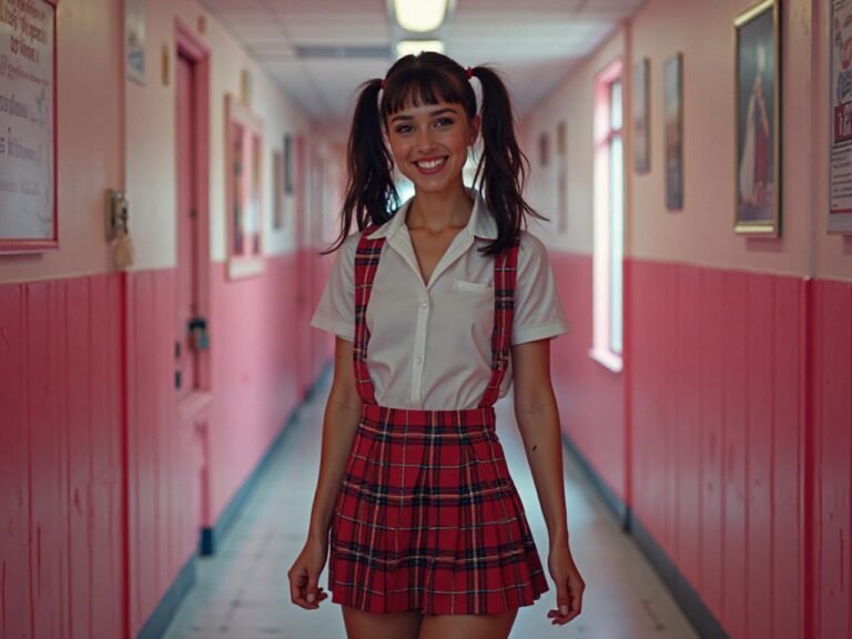 Une femme en uniforme scolaire se tient dans un couloir, souriante et prête pour la journée d'école.
