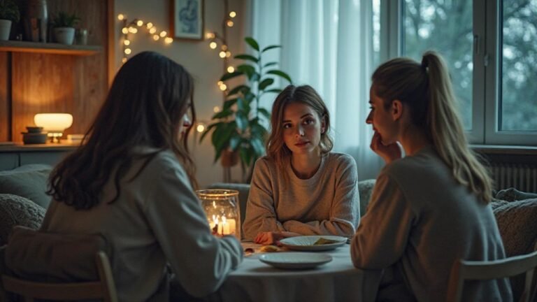 Trois femmes assises à une table, entourées de bougies allumées, créant une ambiance chaleureuse et conviviale
