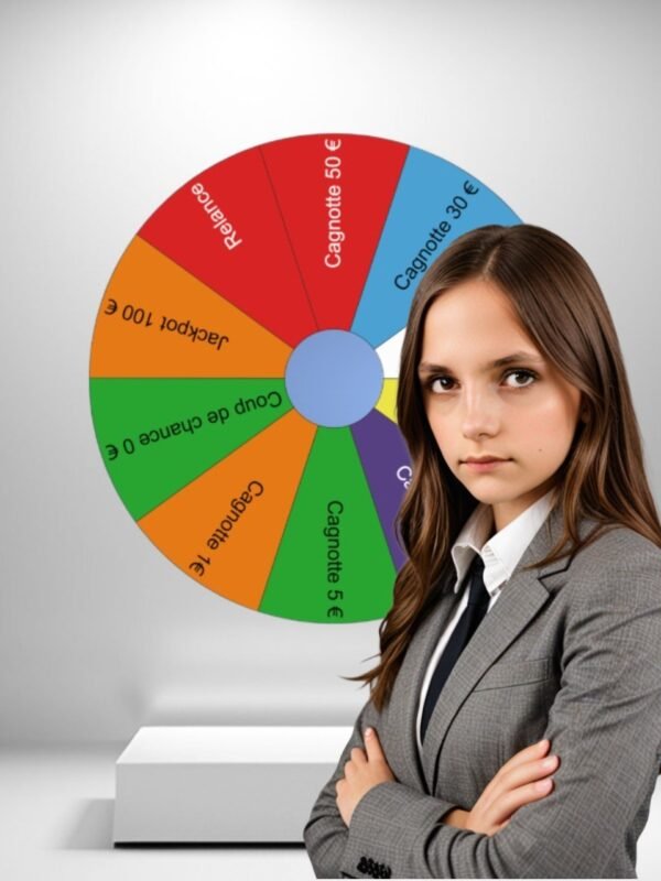 Femme en costume d'affaires se tenant devant une roue, affichant une posture confiante et professionnelle.